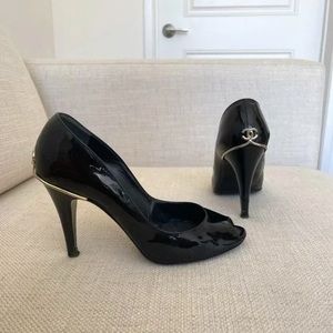 Chanel Black Patent Leather Gold Monogram Peep Heels